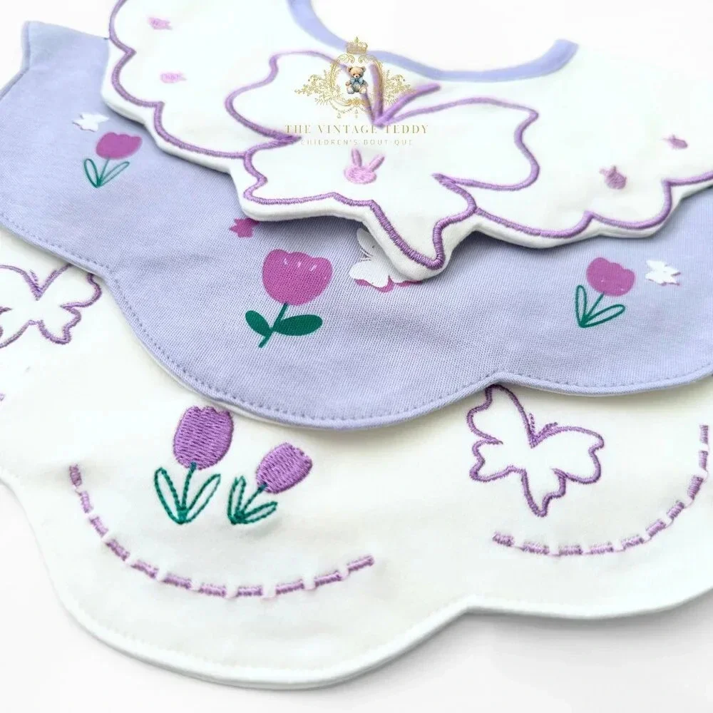NWT Lovely Boutique Embroidered Girls Baby Bibs Tulips & Butterflies Set of 3